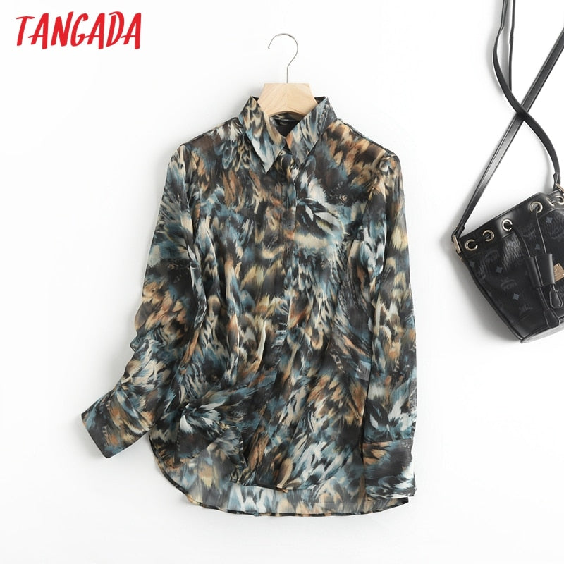 Tangada women retro bow tie print chiffon shirt long sleeve chic female casual loose shirt blusas femininas 6D34