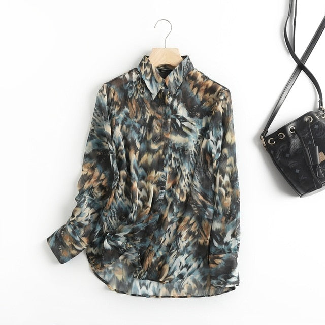 Tangada women retro bow tie print chiffon shirt long sleeve chic female casual loose shirt blusas femininas 6D34