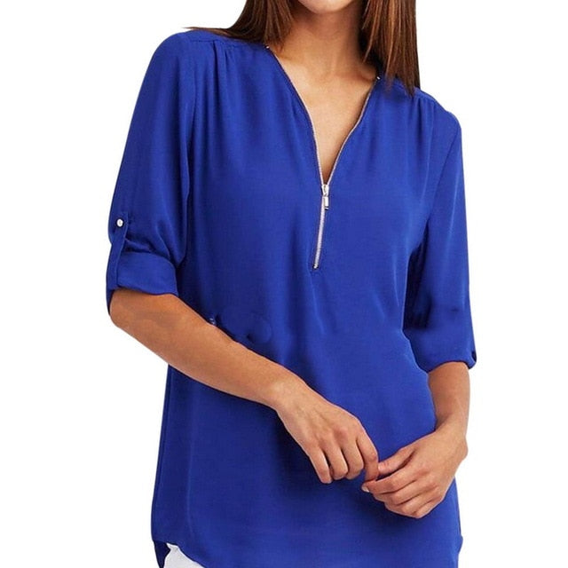 JODIMITTY Zipper Short Sleeve Women Shirts Sexy V Neck Solid Women Top Blouses Casual Tee Shirt Tops Female Clothes Plus Size