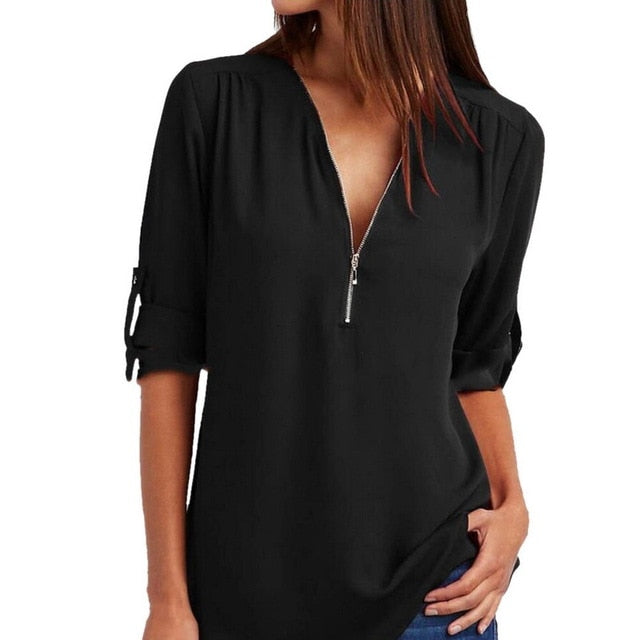 JODIMITTY Zipper Short Sleeve Women Shirts Sexy V Neck Solid Women Top Blouses Casual Tee Shirt Tops Female Clothes Plus Size