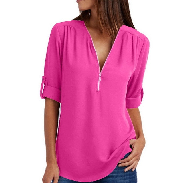 JODIMITTY Zipper Short Sleeve Women Shirts Sexy V Neck Solid Women Top Blouses Casual Tee Shirt Tops Female Clothes Plus Size