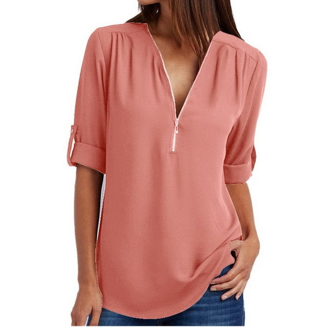 JODIMITTY Zipper Short Sleeve Women Shirts Sexy V Neck Solid Women Top Blouses Casual Tee Shirt Tops Female Clothes Plus Size
