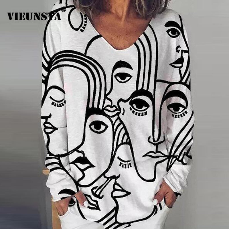 Vintage Abstract Print V Neck Blouse Shirt Women 2020 Autumn Long Sleeve Loose Tops Pullover Casual Streetwear Plus Size Blusas