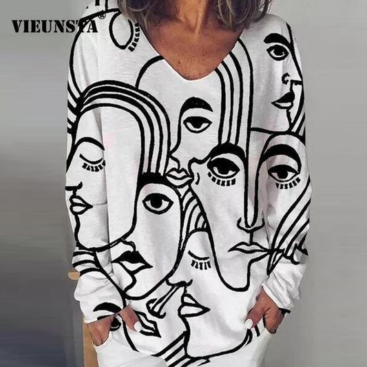 Vintage Abstract Print V Neck Blouse Shirt Women 2020 Autumn Long Sleeve Loose Tops Pullover Casual Streetwear Plus Size Blusas