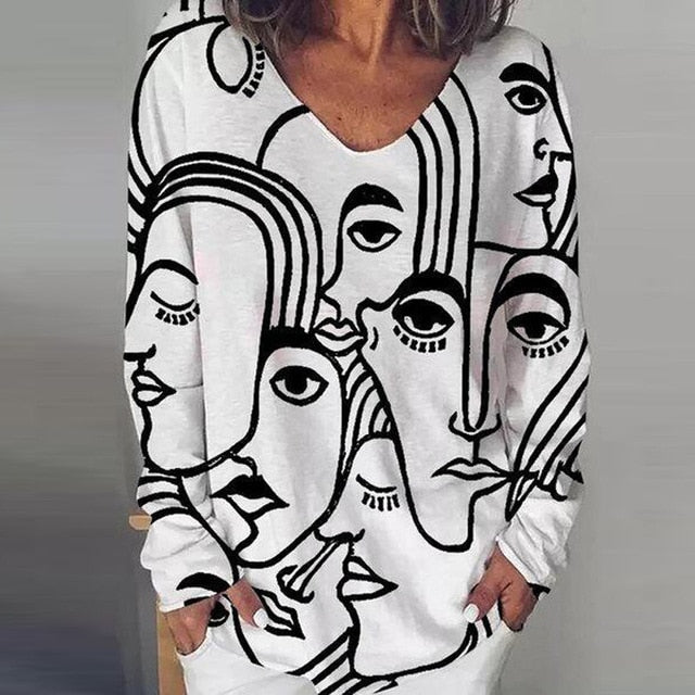 Vintage Abstract Print V Neck Blouse Shirt Women 2020 Autumn Long Sleeve Loose Tops Pullover Casual Streetwear Plus Size Blusas