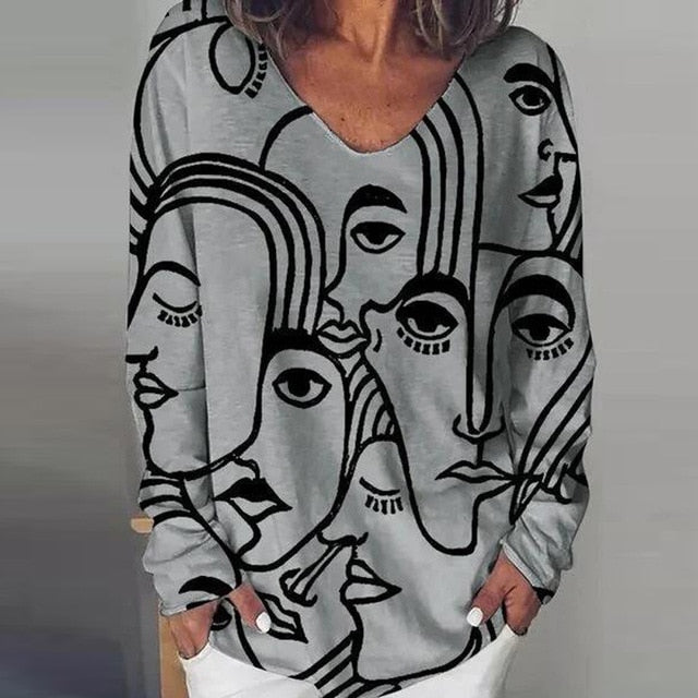 Vintage Abstract Print V Neck Blouse Shirt Women 2020 Autumn Long Sleeve Loose Tops Pullover Casual Streetwear Plus Size Blusas