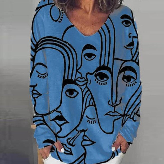 Vintage Abstract Print V Neck Blouse Shirt Women 2020 Autumn Long Sleeve Loose Tops Pullover Casual Streetwear Plus Size Blusas