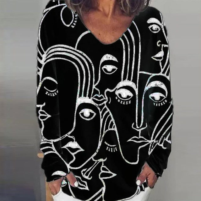 Vintage Abstract Print V Neck Blouse Shirt Women 2020 Autumn Long Sleeve Loose Tops Pullover Casual Streetwear Plus Size Blusas