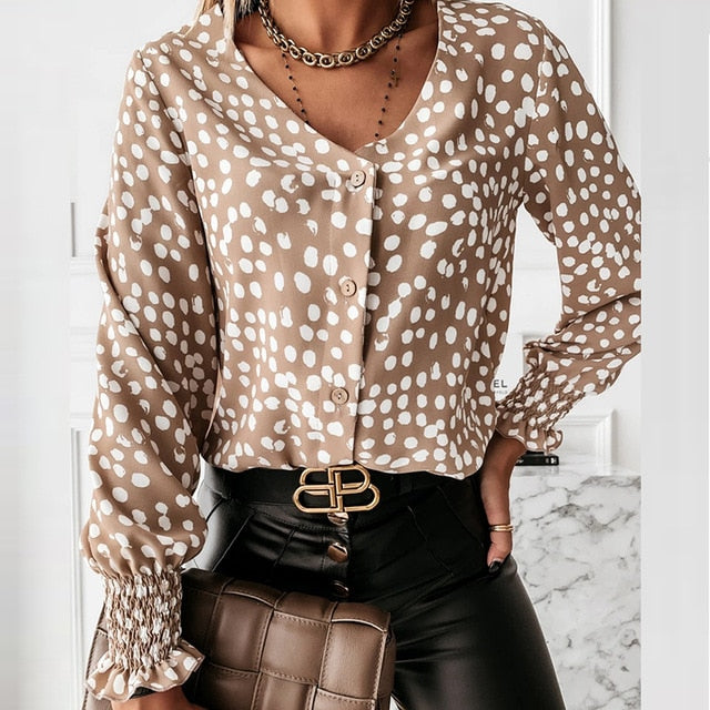 Lady Autumn Long Sleeve Polka Dot Ruffle Blouse Shirt Elegant Casual O Neck Buttons Pullover Women 2020 Spring streetwear Tops