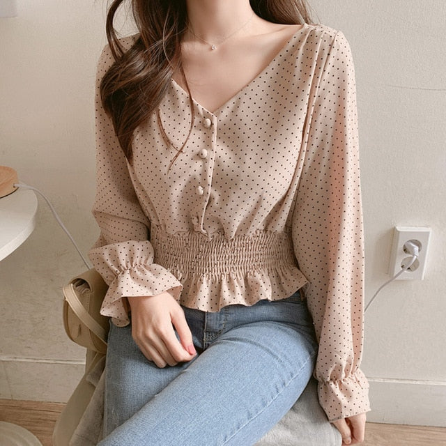 Vintage V-neck Flare Sleeve Polka Dot Women Blouse Shirts Elegant Front Buttons Slim Waist Ruffles Female Blouse blusas 6602 50