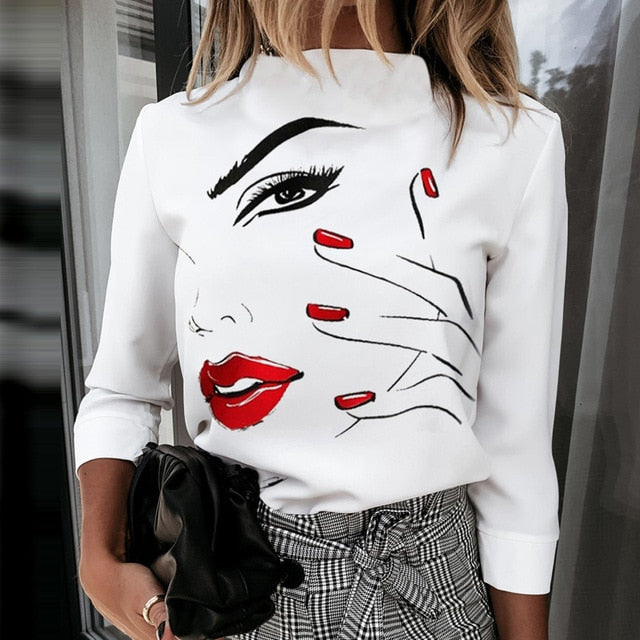 Elegant Lips Eyes Print Blouse Shirts Women O Neck Long Sleeve Office Tops 2020 Autumn Casual Streetwear Shirt Pullover Feminine
