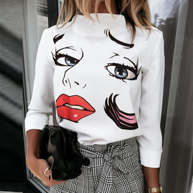 Elegant Lips Eyes Print Blouse Shirts Women O Neck Long Sleeve Office Tops 2020 Autumn Casual Streetwear Shirt Pullover Feminine