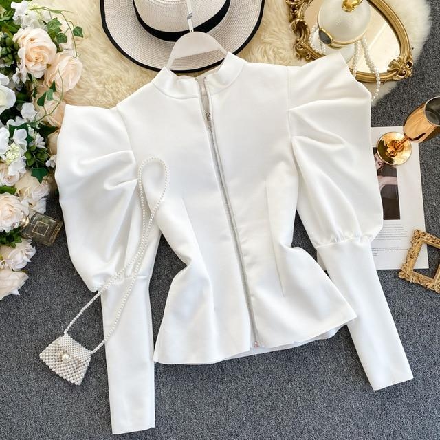 Women's Retro Top Puff Sleeve Temperament Stand Collar Zipper Before After Wearing Fashionable Wild Spring Autumn Blouse ML638