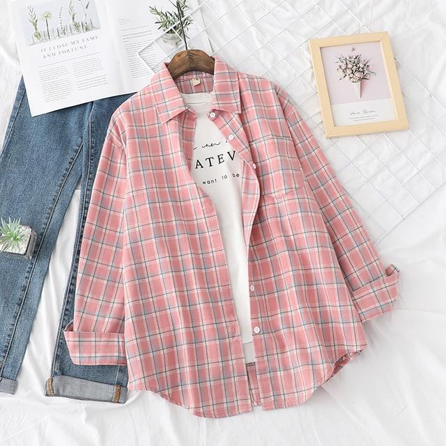 Hot sale blouses autumn long-sleeved cotton shirts ladies single-breasted plaid shirts and plus size tops