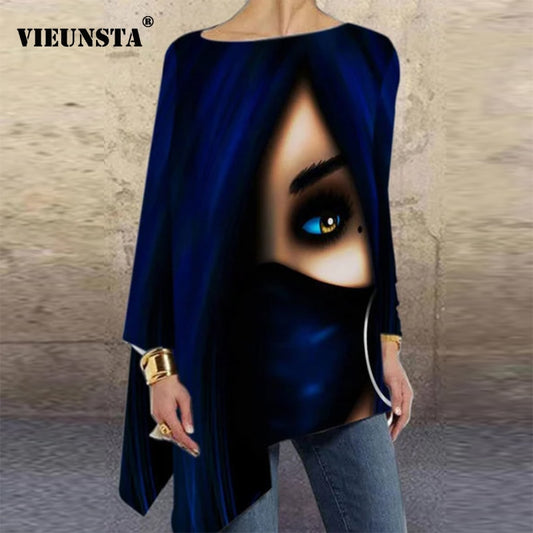 Vintage Abstract Face Printed Irregular Shirt Women O Neck Long Sleeve Autumn Blouse Casual Loose Oversize Pullover Harajuku Top
