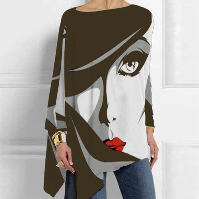 Vintage Abstract Face Printed Irregular Shirt Women O Neck Long Sleeve Autumn Blouse Casual Loose Oversize Pullover Harajuku Top