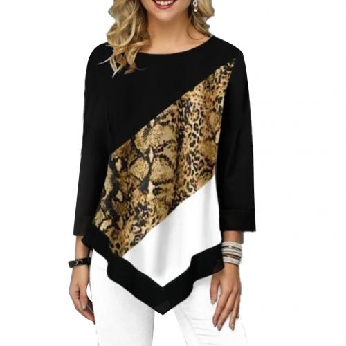 2020 New Women Blouse Stylish O Neck 3/4 Sleeve Irregular Hem Leopard Patchwork  Blouse Loose Fit Women's Clothing