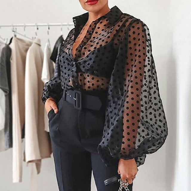 Shirts Women Blouse 2019 Female Fashion Long Puff Sleeve Solid Top Femme Casual Transparent Blusas Top Plus Size Womens Tunic