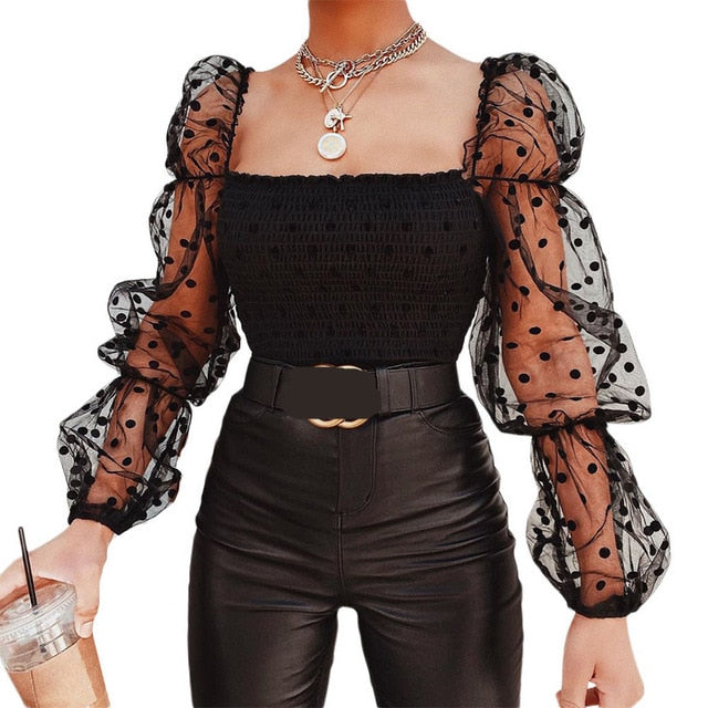 Shirts Women Blouse 2019 Female Fashion Long Puff Sleeve Solid Top Femme Casual Transparent Blusas Top Plus Size Womens Tunic