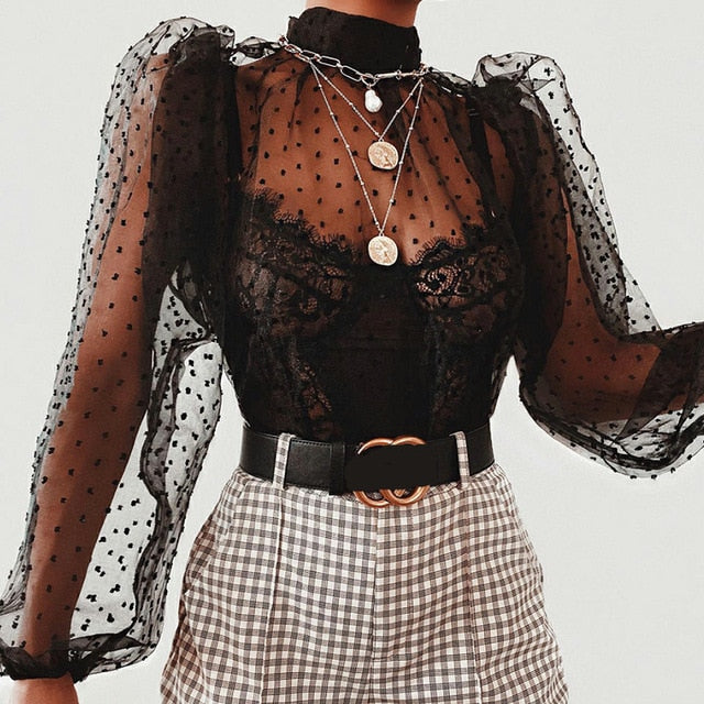 Shirts Women Blouse 2019 Female Fashion Long Puff Sleeve Solid Top Femme Casual Transparent Blusas Top Plus Size Womens Tunic