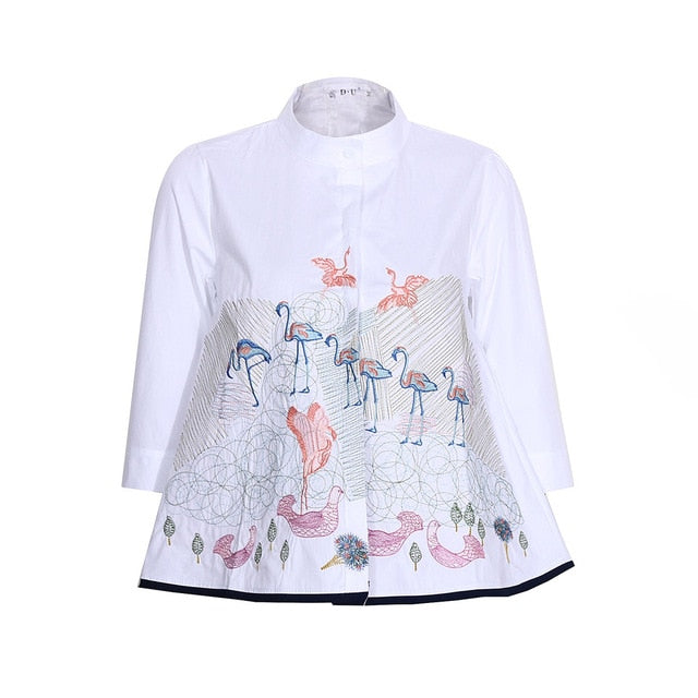 Abstract Embroidery Shirt Tops Women Summer Autumn Fashion 3/4 Sleeve Casual Blouses Ladies White Doll Shirts