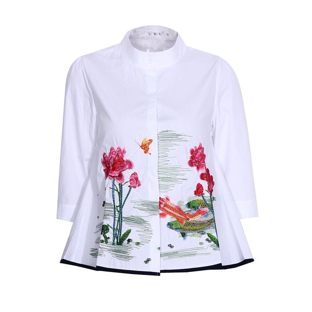 Abstract Embroidery Shirt Tops Women Summer Autumn Fashion 3/4 Sleeve Casual Blouses Ladies White Doll Shirts