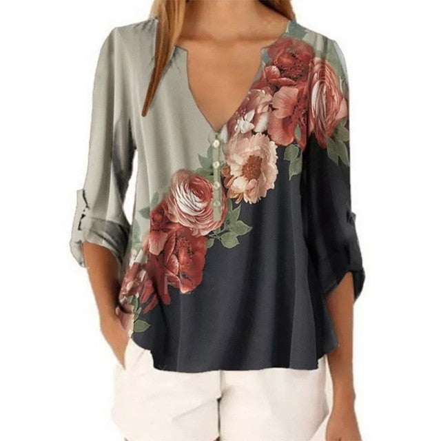 Women V-neck Floral Printed Shirt Top Chiffon Casual Half Button Irregular Chiffon Woman Blouse Women's Plus Size Street Clothes