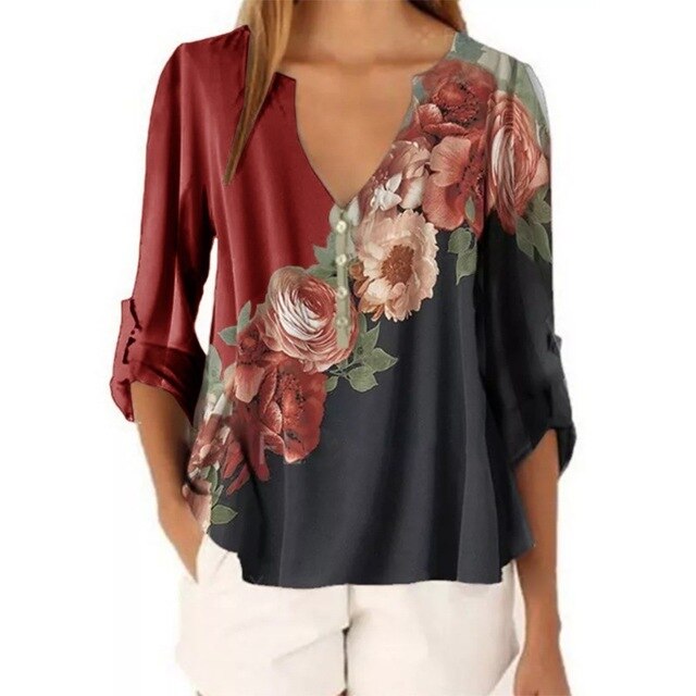 Women V-neck Floral Printed Shirt Top Chiffon Casual Half Button Irregular Chiffon Woman Blouse Women's Plus Size Street Clothes