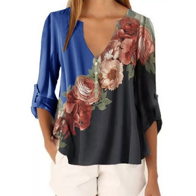 Women V-neck Floral Printed Shirt Top Chiffon Casual Half Button Irregular Chiffon Woman Blouse Women's Plus Size Street Clothes