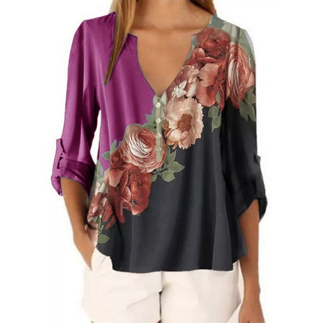 Women V-neck Floral Printed Shirt Top Chiffon Casual Half Button Irregular Chiffon Woman Blouse Women's Plus Size Street Clothes