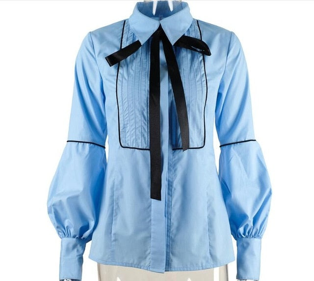 Office Bow Tie Blouse Women Lantern Sleeve White Button Necktie Shirts Female Elegant Work Shirt Casual Tops New 2021 Spring