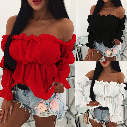 Womens Tops and Blouses Sexy Solid Color Off Shoulder Ruff Sleeve Long Sleeve Ruffled Women Blouse  Women Shirts