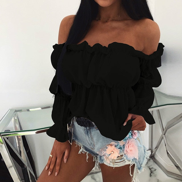Womens Tops and Blouses Sexy Solid Color Off Shoulder Ruff Sleeve Long Sleeve Ruffled Women Blouse  Women Shirts