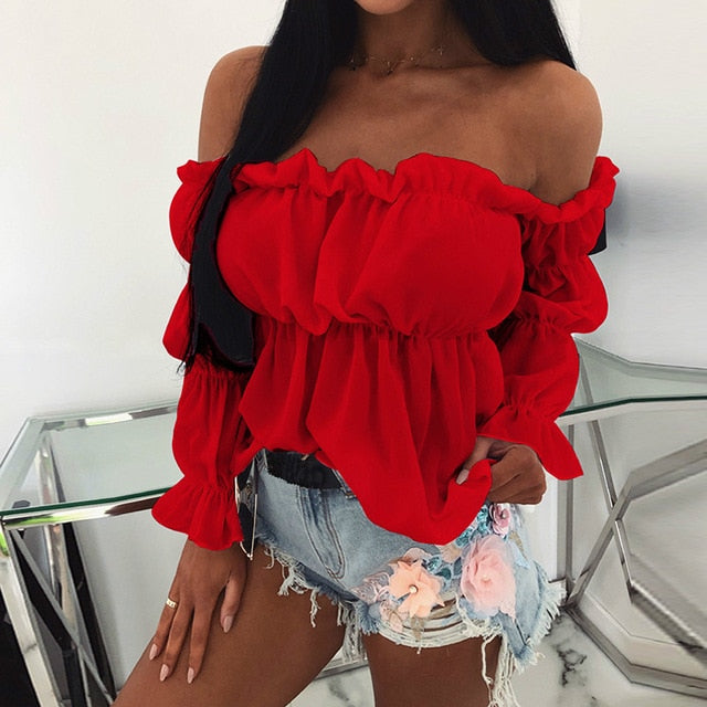 Womens Tops and Blouses Sexy Solid Color Off Shoulder Ruff Sleeve Long Sleeve Ruffled Women Blouse  Women Shirts