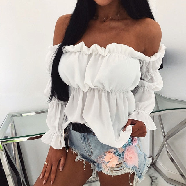 Womens Tops and Blouses Sexy Solid Color Off Shoulder Ruff Sleeve Long Sleeve Ruffled Women Blouse  Women Shirts