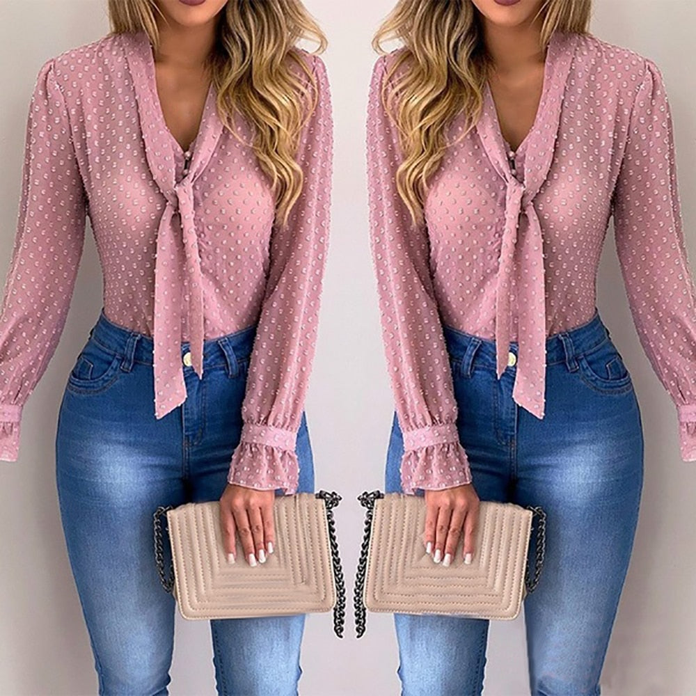 Women New Fashion Elegant Chiffon Blouses Long Sleeve V-Neck Shirt Office Blouse Slim Casual Female Polka Dot Top