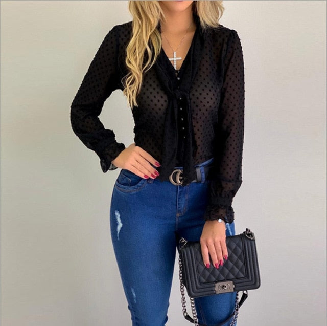Women New Fashion Elegant Chiffon Blouses Long Sleeve V-Neck Shirt Office Blouse Slim Casual Female Polka Dot Top