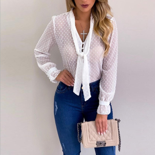 Women New Fashion Elegant Chiffon Blouses Long Sleeve V-Neck Shirt Office Blouse Slim Casual Female Polka Dot Top