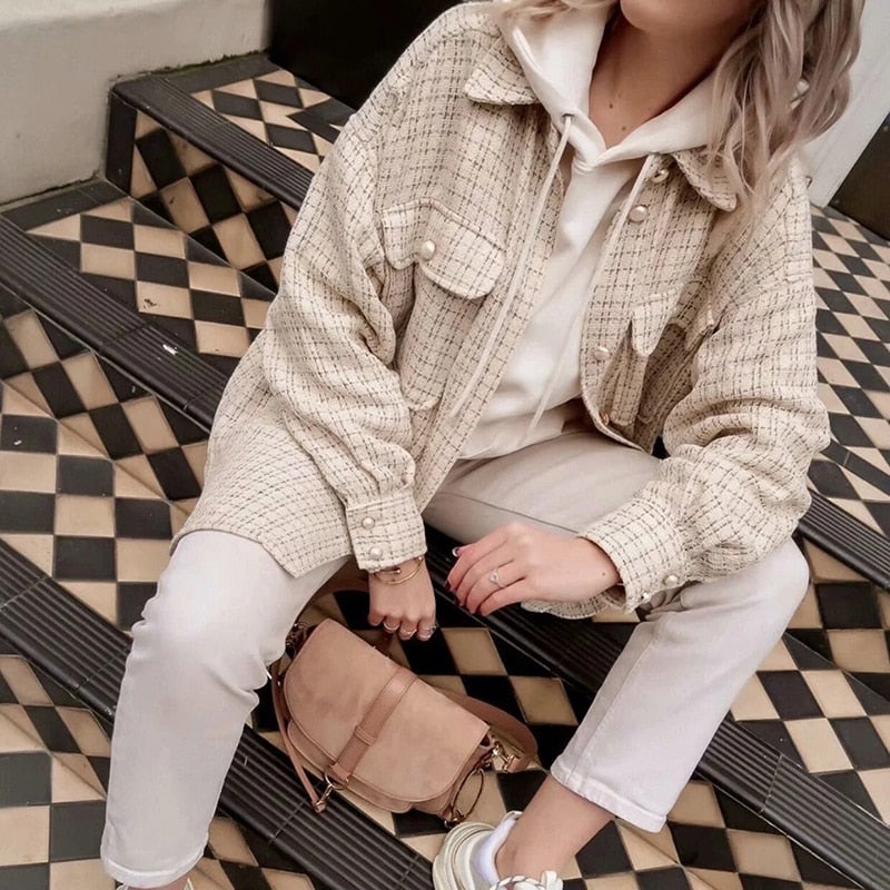 Tweed Women Pearl Button Shirts 2020 Autumn Fashion Ladies Oversize Thick Shirt Streetwear Female Outfits Cute Girls Chic Shirts