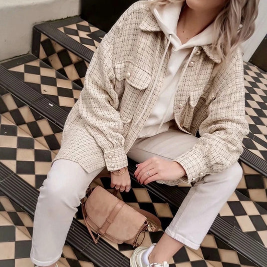 Tweed Women Pearl Button Shirts 2020 Autumn Fashion Ladies Oversize Thick Shirt Streetwear Female Outfits Cute Girls Chic Shirts