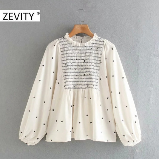 Zevity New Women Sweet Agaric Lace Hearts Print Elastic Smock Blouse Office Ladies Lantern Sleeve Shirts Chic Blusas Tops LS7272