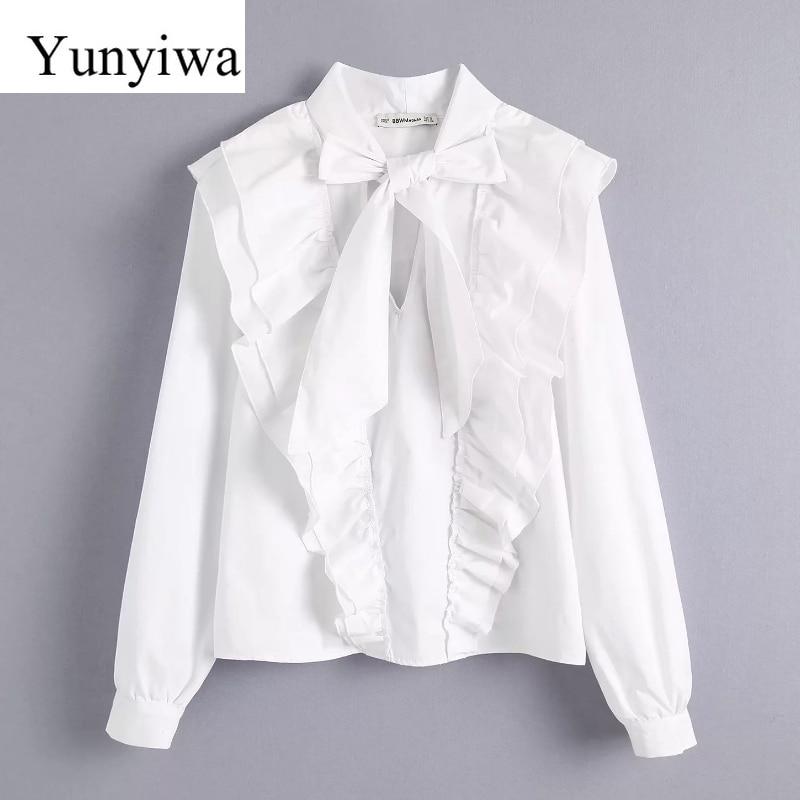 Women Sweet Bow Tied Cascading Ruffles White Blouse Stand Collar Agaric Lace Smock Shirt Femininas Chic Blusas Tops