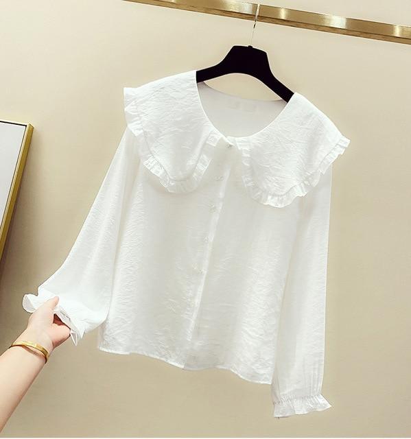 2020 Spring New Women's Fashion Peter Pan Collar Slim Shirt Long Sleeve Casual Style Cotton Blouse Female Tops T9D730O