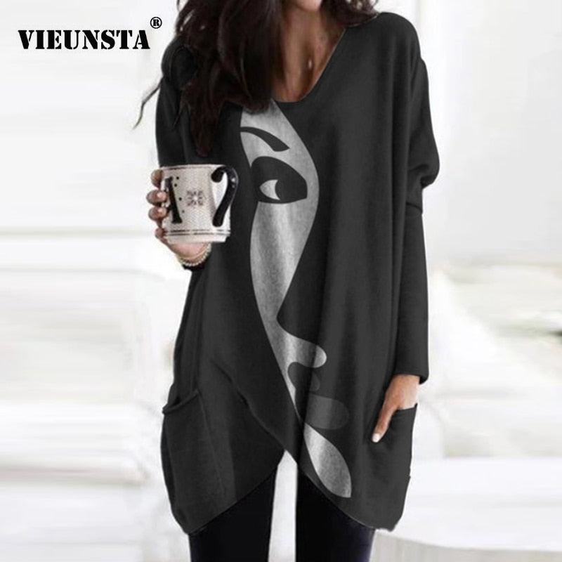 Vintage Abstract Printed Long Sleeve Shirt Women Elegant V Neck Loose Long Tops Blouse Autumn Pockets Irregular Oversized Shirts