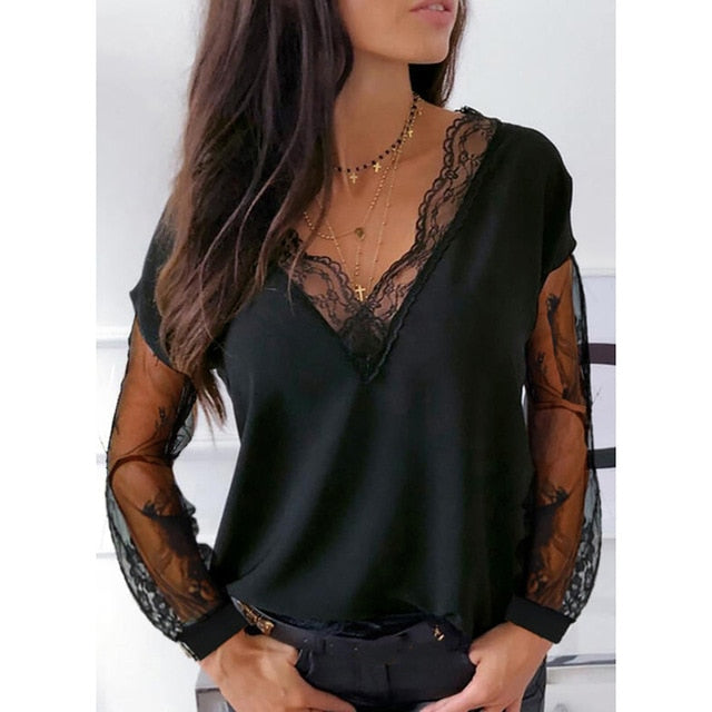 European and American women's lace stitching V-neck long-sleeved shirt