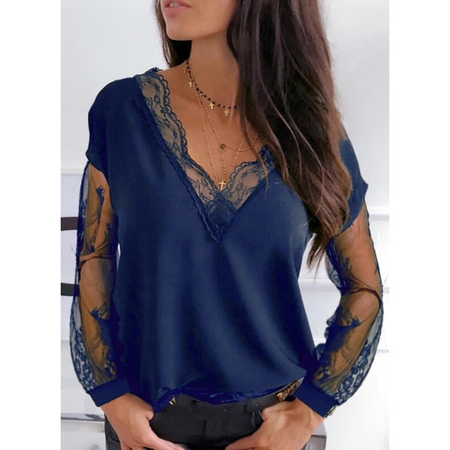 European and American women's lace stitching V-neck long-sleeved shirt