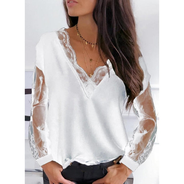 European and American women's lace stitching V-neck long-sleeved shirt