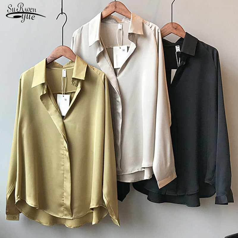 2020 Summer Autumn Casual Blouse Women Fashion Long Sleeves Tops Vintage Femme V Neck Shirts Elegant Sexy Silk Blouse 5273