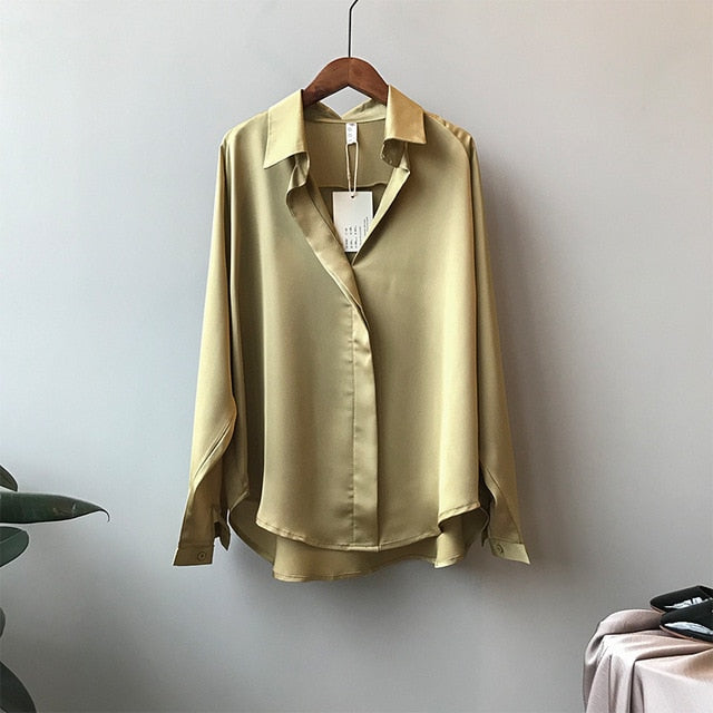 2020 Summer Autumn Casual Blouse Women Fashion Long Sleeves Tops Vintage Femme V Neck Shirts Elegant Sexy Silk Blouse 5273