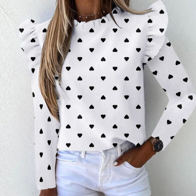 Elegant Pineapple Heart Print Ruffle blouse shirts Office Lady 2020 Summer Short Sleeve Slim Blouses women 3XL Casual O-neck top